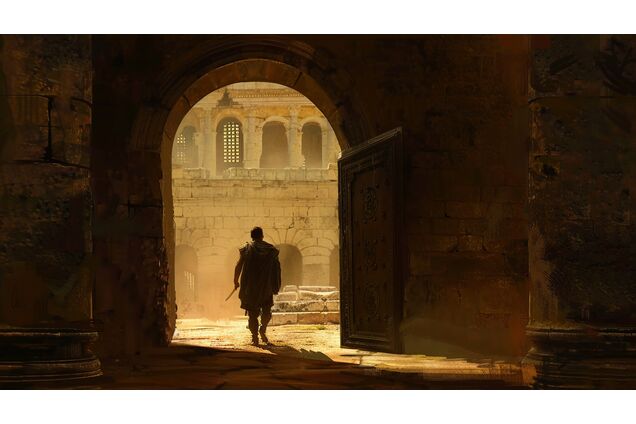 A lone gladiator exiting an arena through a shadowed passage, posture steady but subdued, no crowd visible, the moment quiet and unresolved