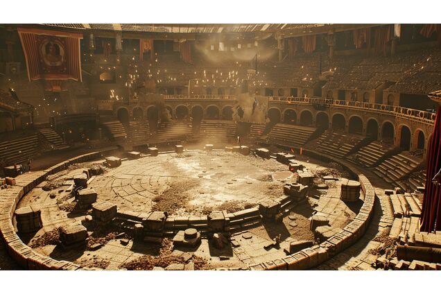 An arena floor prepared with deliberate obstacles and boundaries, no combat underway, the design visible and intentional