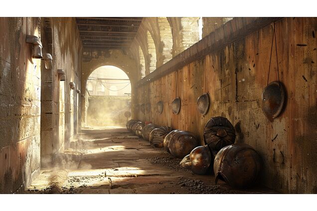 An empty Roman barracks corridor between training periods, helmets and shields stacked neatly against stone walls, dust suspended in still air, light entering through a narrow opening