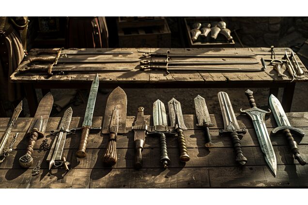 A selection of Roman weapons laid out on worn wooden benches within a training yard, surfaces scarred from repeated use, arranged with care rather than reverence
