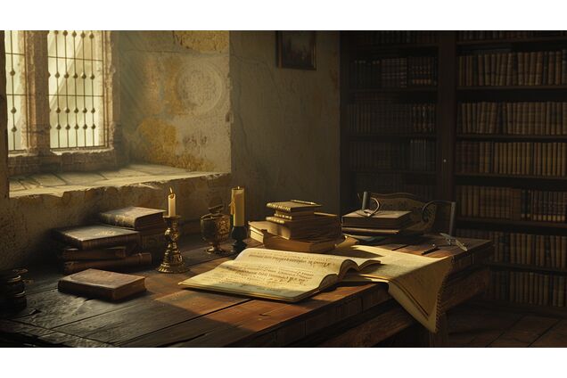 An author’s worktable imagined within an ancient setting, parchment arranged carefully, light falling in measured lines, no clutter