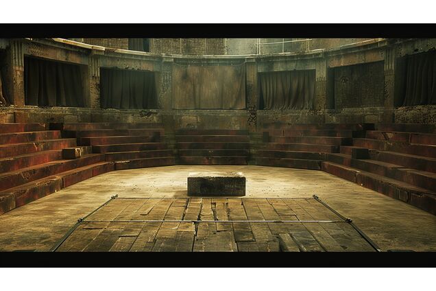 An arena space prepared with precise boundaries and obstacles, officials marking positions carefully, the layout controlled and deliberate