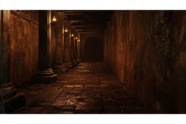 A long stone corridor beneath an arena fading into shadow, no figures present, torchlight thinning as distance increases, the architecture imposing and indifferent