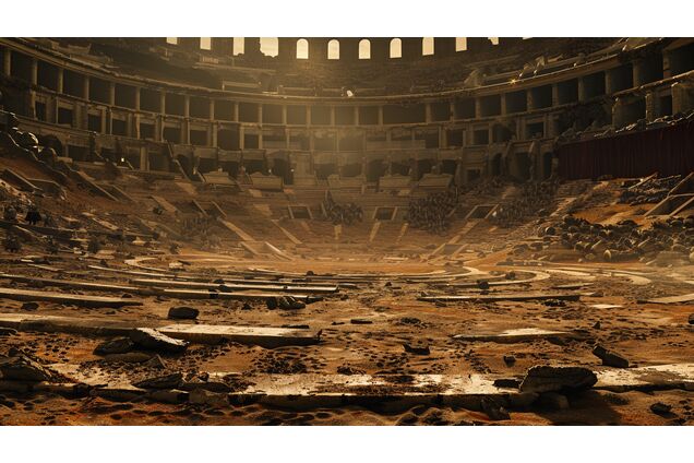 An uneven arena floor after use, footprints scattered, sand disturbed without pattern, no combat underway, the aftermath quiet and unresolved