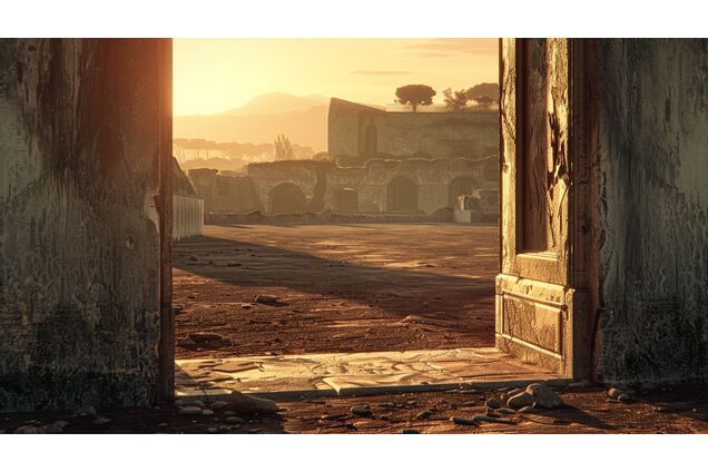 An open stone threshold overlooking a quiet training yard at dawn, light spilling inward, no figures present