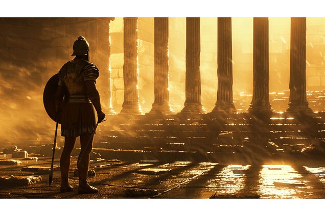 A gladiator standing alone at dusk, equipment set aside, posture reflective, long shadows stretching forward, the moment quiet and unresolved
