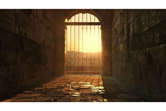 A sealed arena gate viewed from the outside at dawn, light beginning to rise beyond it, no figures present, the moment anticipatory and restrained
