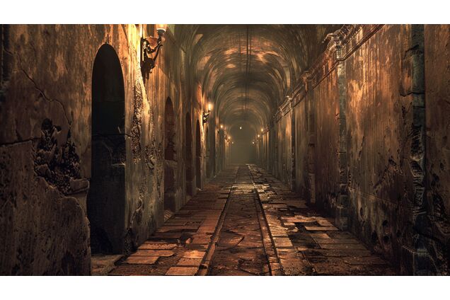 A stone corridor beneath an arena, walls worn smooth by time, lit by sparse torchlight, no figures present, the passage narrowing toward darkness, conveying inevitability, consequence, and the absence of mercy