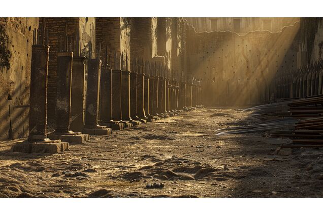 A Roman training yard at first light, rows of worn practice posts set in packed sand, disciplined shadows stretching long across stone, wooden weapons stacked neatly along a wall, the space ordered and quiet