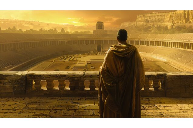 A Roman official standing apart on a stone balcony overlooking a training complex, posture composed, hands clasped behind his back, observing from distance rather than intervening, the space below active yet controlled