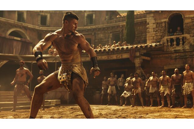 A gladiator mid-step in a training yard, weight shifting forward prematurely, instructor’s gaze fixed sharply from the side, others holding position behind him, the moment tense and restrained