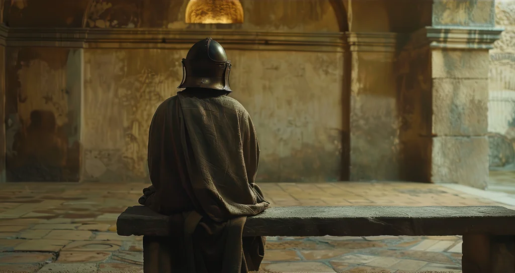 Historical reconstruction of a lone seated gladiator