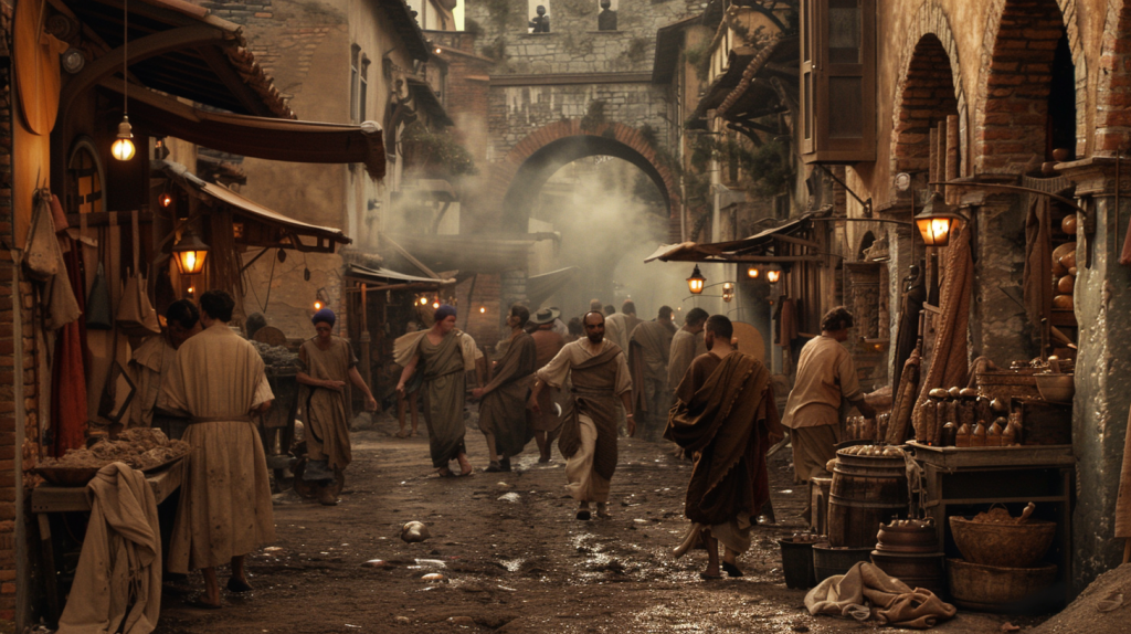 An inaccurate portrayal of ancient Rome with modern lighting and other modern anachronisms