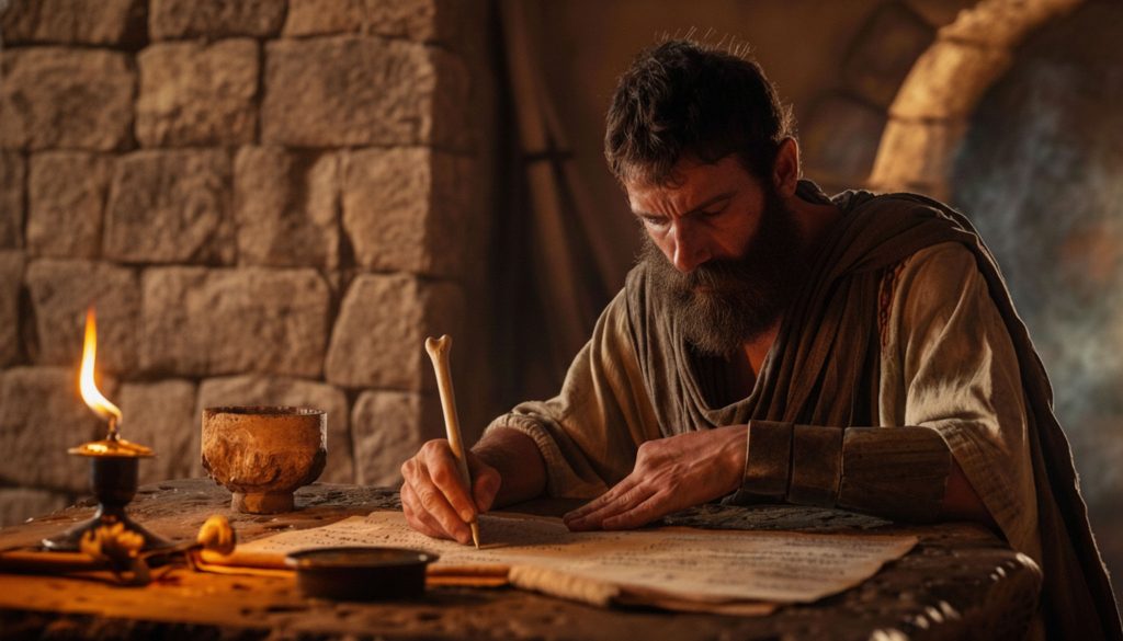 Ancient Roman writing on a scroll with a bone stylus in the light of an oil lamp