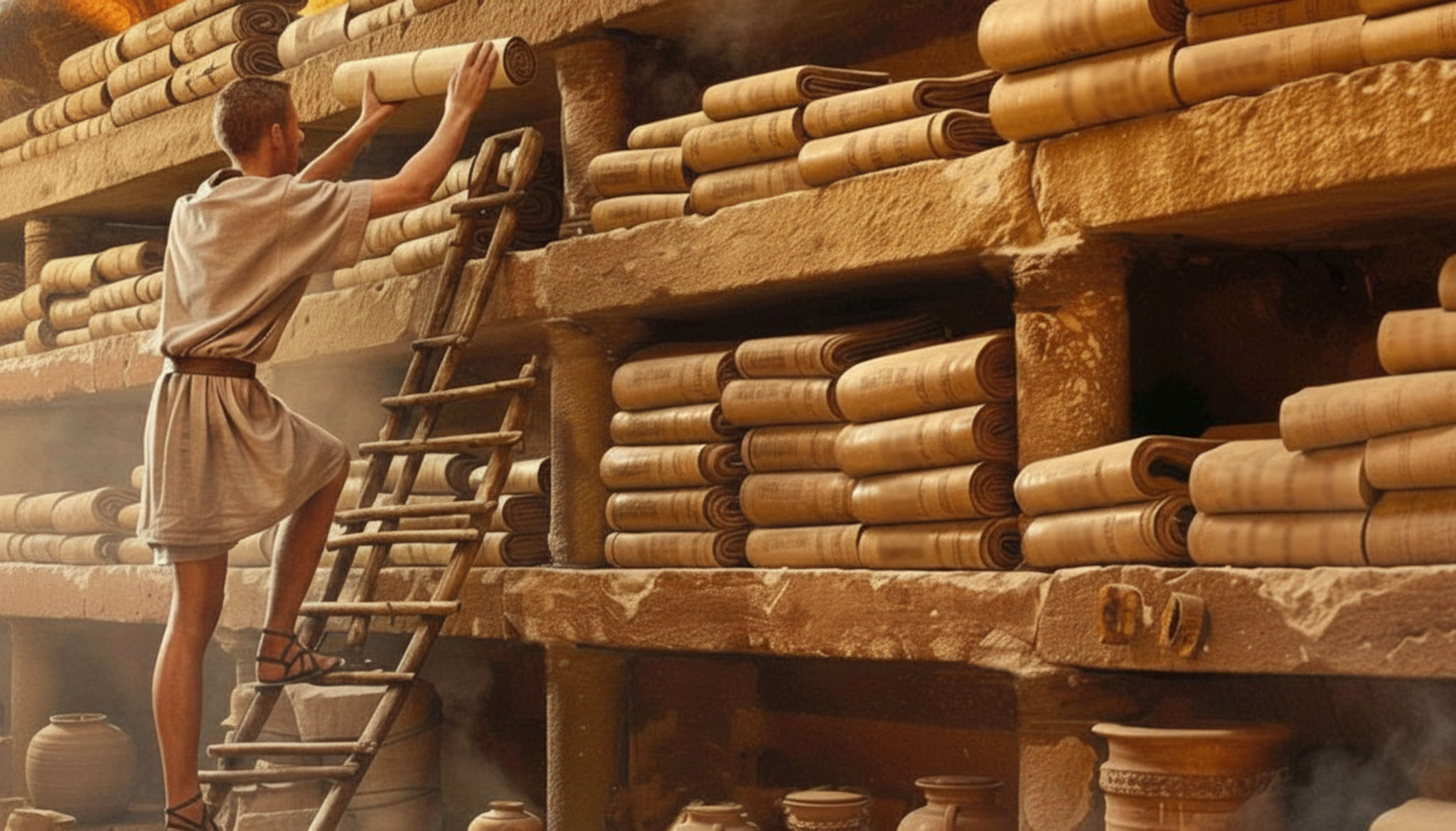 Young ancient Roman man on a ladder in a library with many scrolls on the shelves