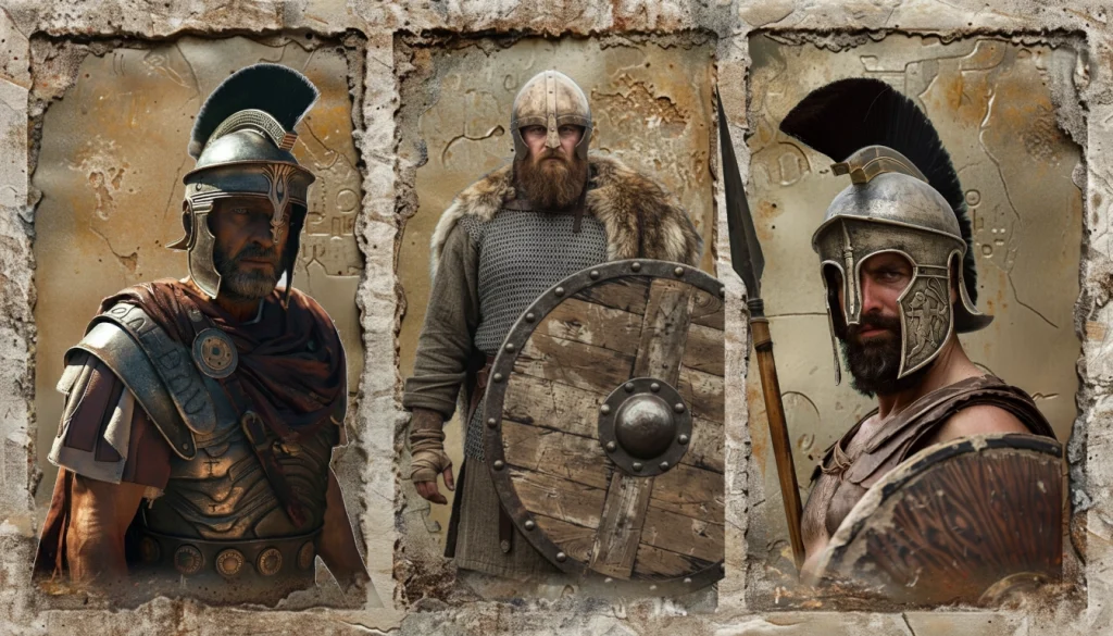 A tryptic showing warriors from three ancient cultures: Roman, Norse, and Greek