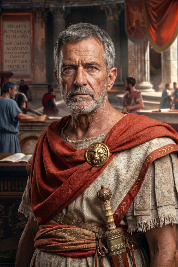 Portrait of an older Roman man in white tunic and rust-red toga with a round fibula brooch, standing in a columned interior with red drapes and a sheathed dagger hangs at his belt.