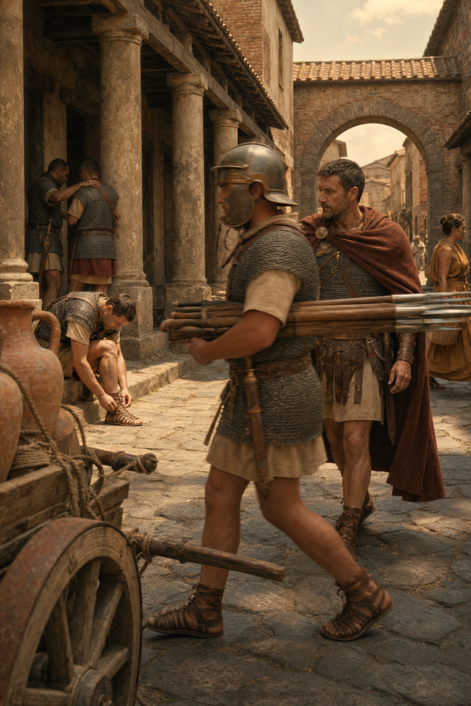 A helmeted Roman legionary in chain mail carrying a bundle of long wooden shafts walks beside a second soldier in a rust-red cloak up a cobblestone street, with a seated man adjusting his sandal and a cart of clay amphorae in the foreground and a stone gateway arch in the background.