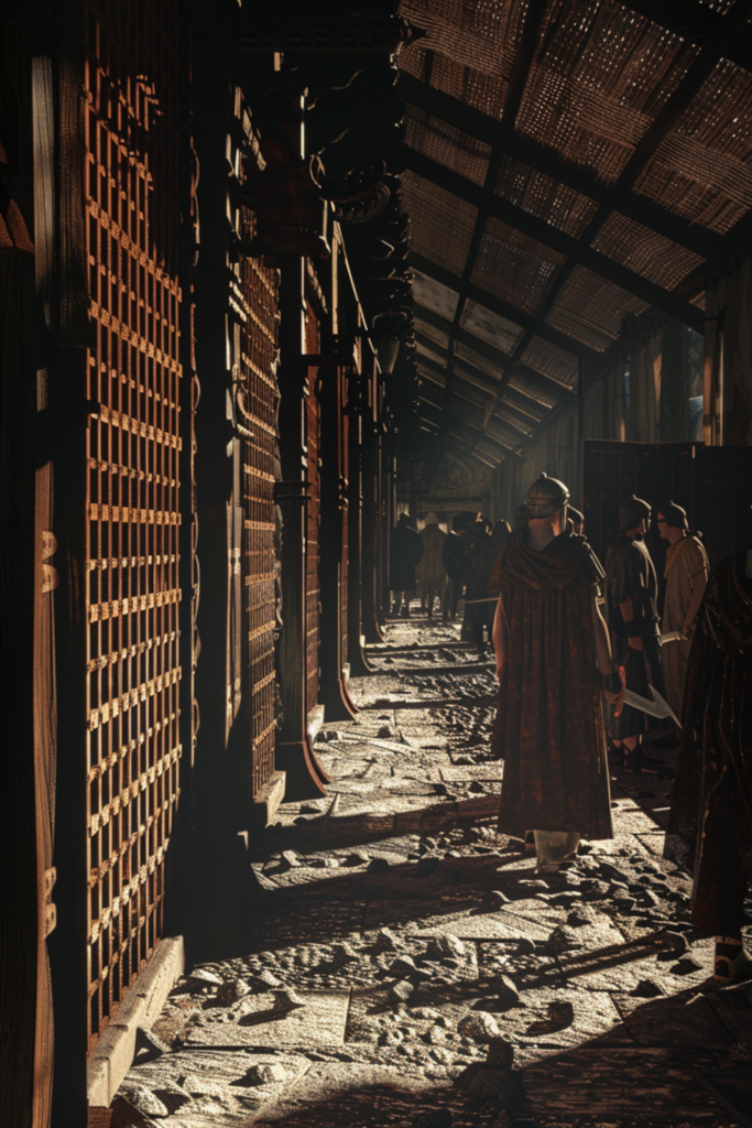 A hooded figure in a dark cloak walks through a long Roman arcaded portico with daylight streaming through barred wooden shutters that cast sharp vertical bar shadows across a cobblestone floor scattered with debris.