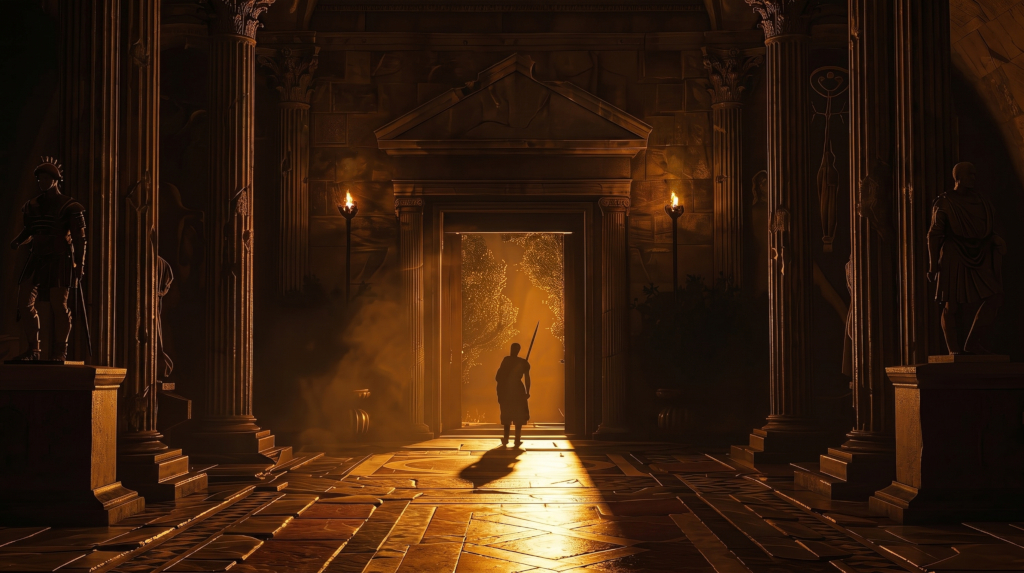 A silhouetted figure with a spear standing in the doorway of a grand Roman columned hall, backlit by golden exterior light with wall torches burning on either side.