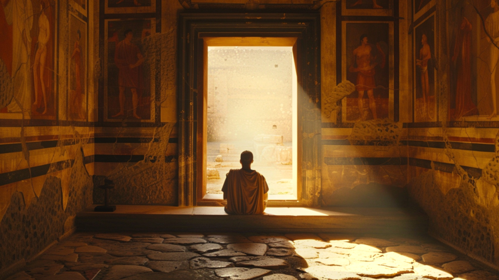 A small silhouetted figure sits in a bright doorway in a Roman room with fresco-painted walls on both sides and a stone-paved floor.
